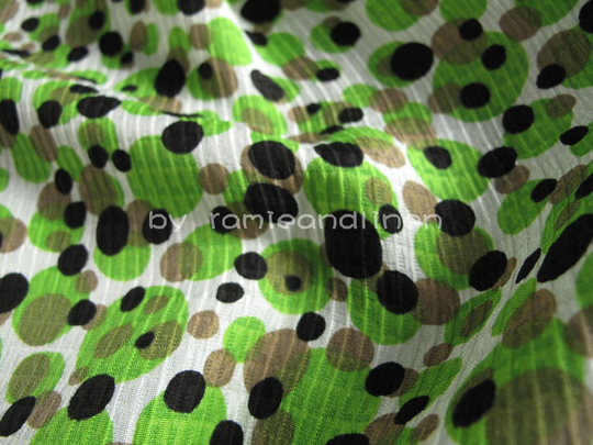 Silk Fabric, Polka Dots Cotton Blend Stripe Jacquard, Green Black Beige On White, Half Yard By 46" Wide