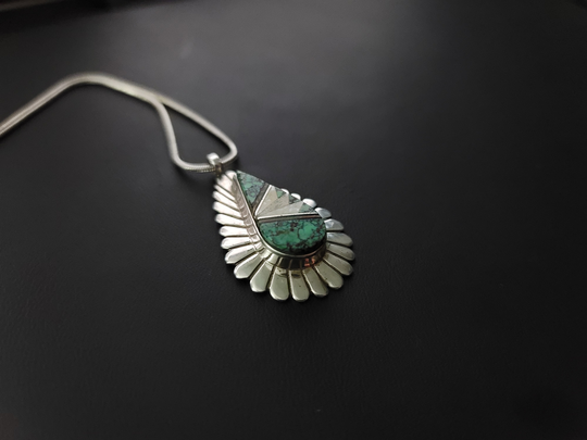 Vintage Sterling Silver| Coral | Mop Turquoise Teardrop Pendant with Chain
