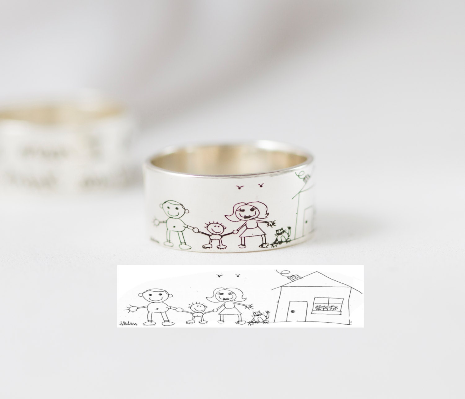 Children Artwork Ring Personalized Kid Drawing in Sterling Silver Custom Men's Band Memorial Gift Christmas Father Rm23