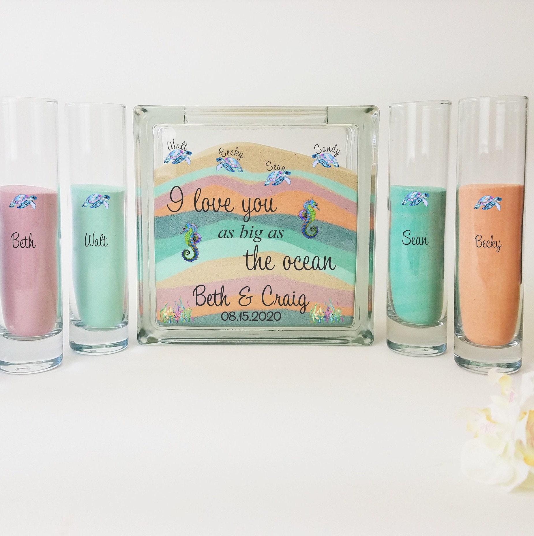 Sand Ceremony Set For Blended Family - Personalized Custom Beach Wedding Decor Unity Candle Alternative Sea Turtle Theme