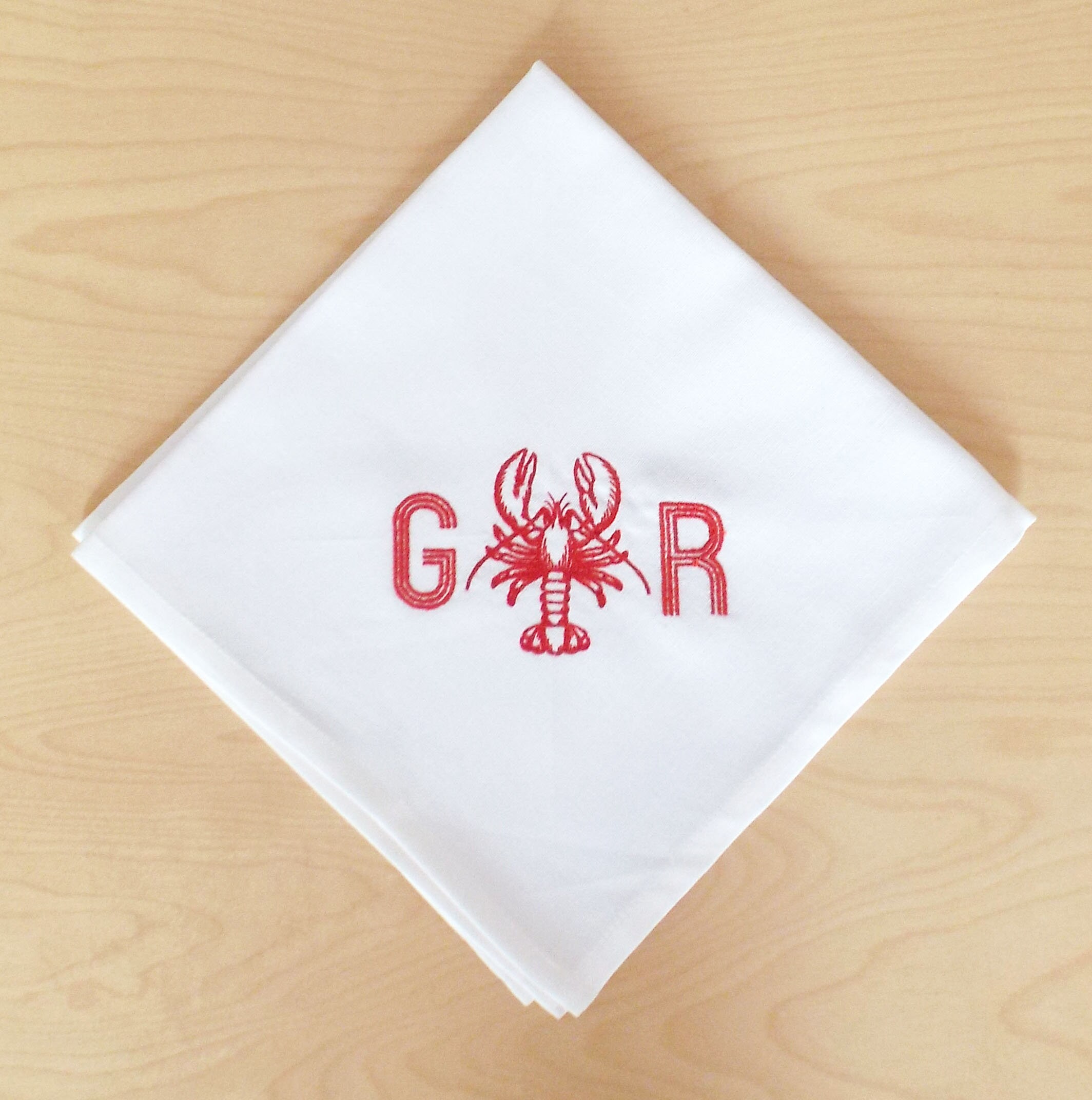 Personalized Lobster Napkins, Embroidered Cloth Napkins, 4 White Napkins, Beach House, Nautical Decor, Seafood Napkins, Red