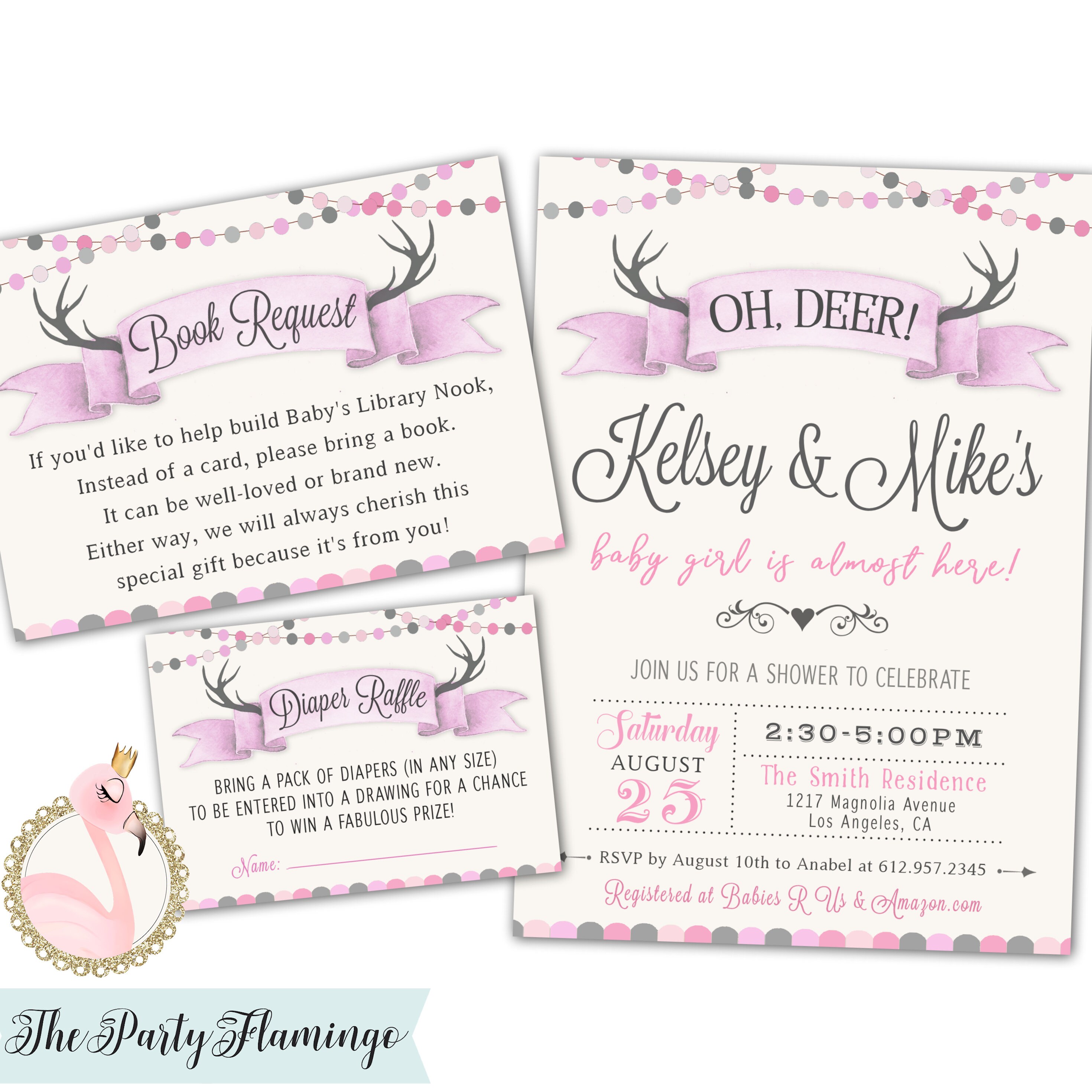 Girl Oh Deer Baby Shower Invitation, Pink Oh Deer Invite, Themed Shower, Sprinkle, Bring A Book, Diaper Raffle Insert