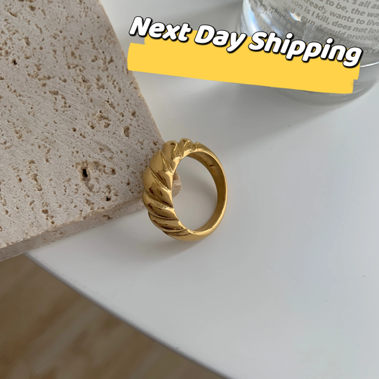 18K Gold Croissant Ring, Dome Signet Twisted Ring