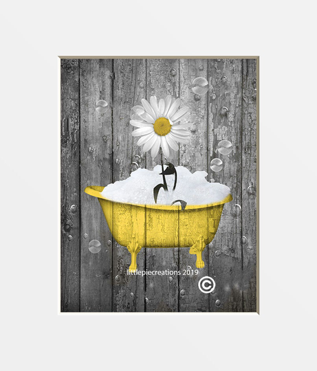 Yellow Gray Rustic Farmhouse Bathroom Wall Art, Daisy Flower, Bubbles, Country Bath Decorative Home Decor Art Matted Picture