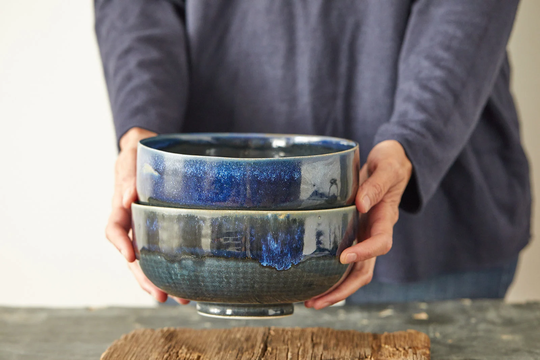 Two Ceramic Dark Blue Serving Bowls, Round Noodles Bowls Set, Pottery Salad Bowl, Modern Japanese Nesting Bowl With Leg, Footed