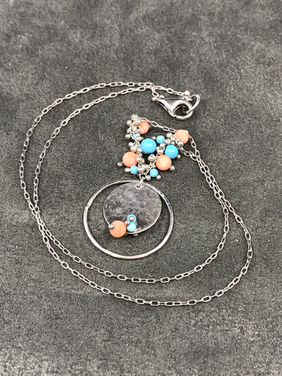 18", 1mm, Vintage Sterling Silver Handmade Necklace, Solid 925 Circle Link Chain With Round Tag Pendant Turquoise & Coral Bead