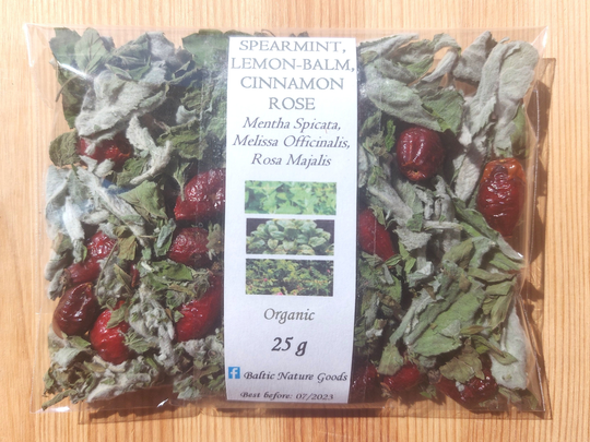 Organic Herbal Blend Tea 2022 Harvest Spearmint, Lemon-Balm, Wild Rosehip, Mentha Spicata, Melissa Officinalis, Rosa Majalis. Lithuanian