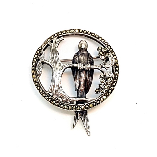 Silver Parrot, Brooch With Marcasites. Circa 1950. Ideal For Gift. Antique & Vintage Jewelry