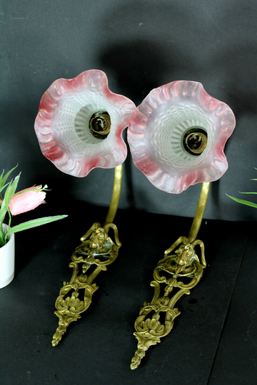 Pair Antique Bronze Wall Lights Sconces Ram Head Pink Glass Shades