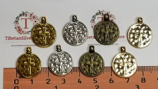 16 Pcs Per Pack Of 17mm Small Reversible Cross Coin Pendant in Color To Choose Lead Free Pewter