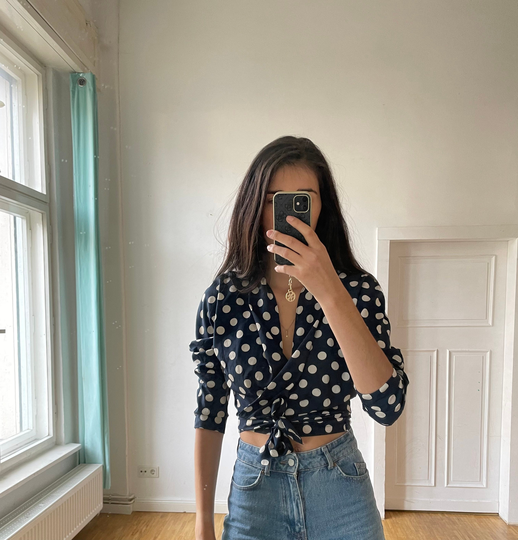 Vintage Silk Blend Women Blouse, Blue Polka Dot Wrap Top, Cropped Summer Feminine Blouse