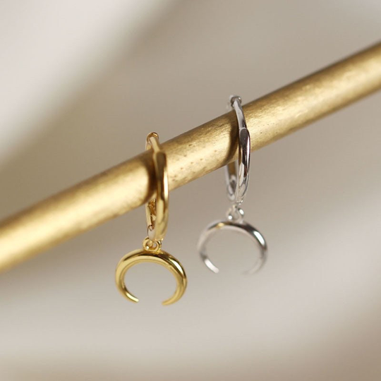 S925 Crescent Horn Earrings, Moon Earring, Second Hole Gold Hoop Hoops, Huggies, Dainty Punk Earring