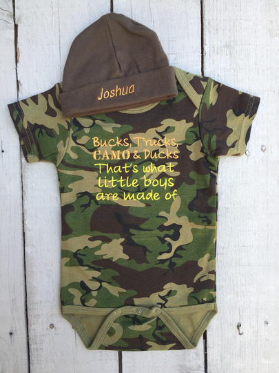 Baby Camo Boy, Clothes, Bucks Trucks Camo & Ducks What Little Boys Are Made Of, Boy Embroidered Bodysuit, Gift