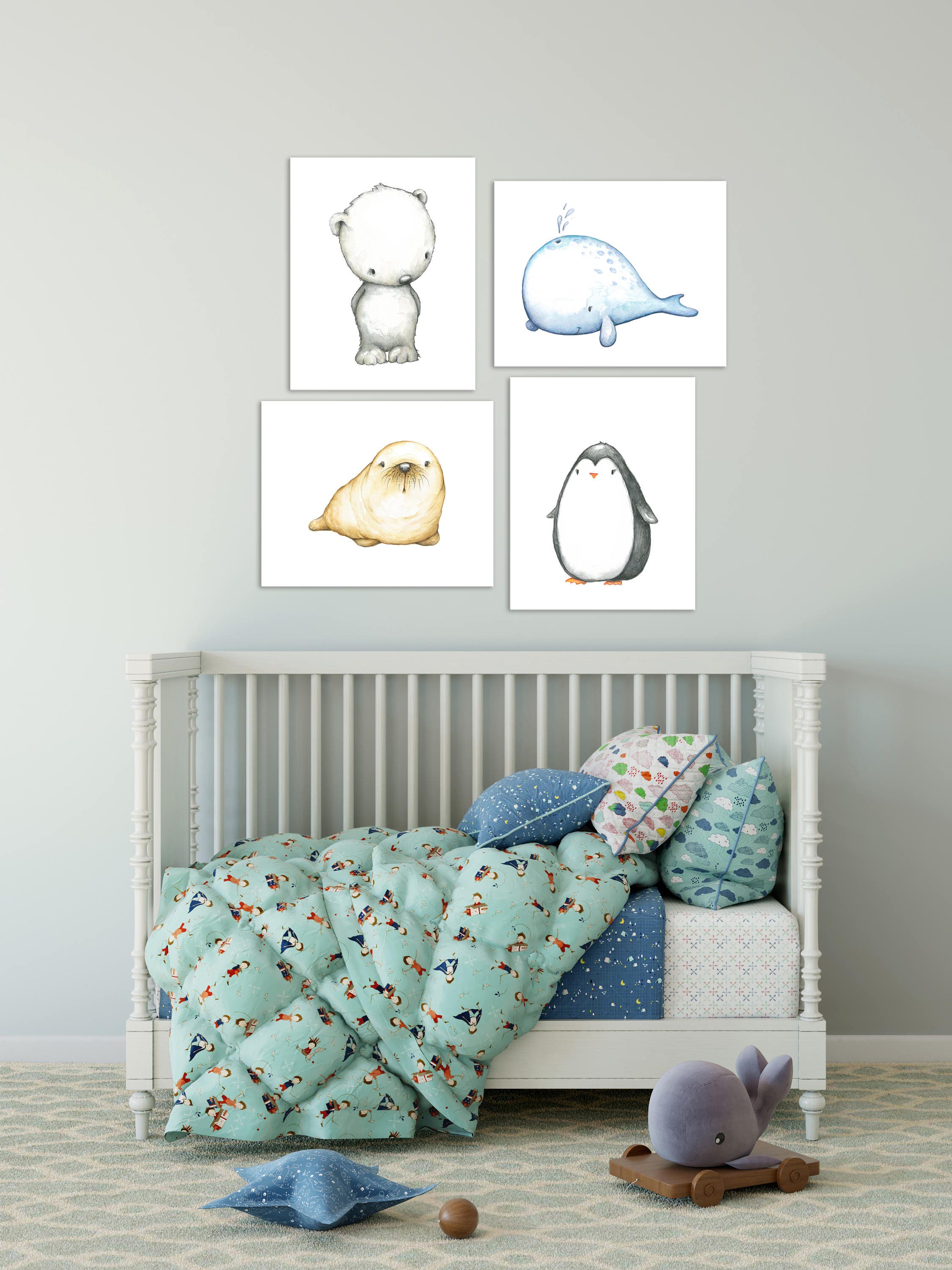 Whale Nursery, Polar Bear Baby Animals Arctic Nursery Decor, New Baby Gift, Narwhal Art, Shower Penguin Decor