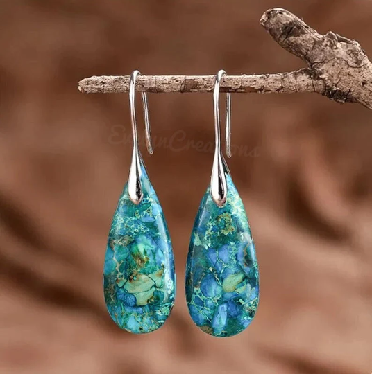 Blue Sea Sediment Teardrop Earrings-Natural Gemstone Dangle Earrings-Healing Drop Earrings-Mental Health Inner Peace Protection Earrings