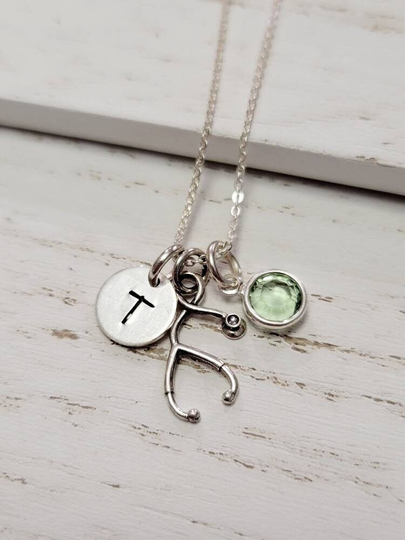 Personalized Nurse Jewelry, Sterling Silver Stethoscope Necklace, Caregiver, Registered Nurse, Initial Disk With Swarovski Birthstone Charm