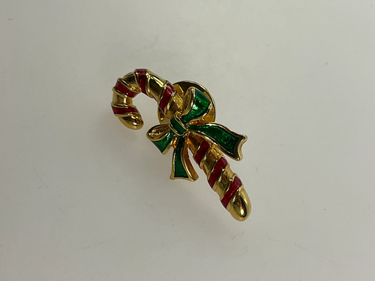 Vintage Avon Pin Brooch Gold Toned Christmas Candy Cane Design Red & Green Enamel Used