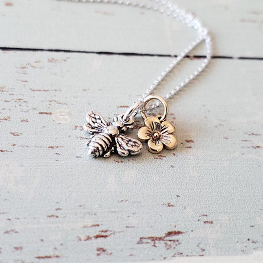 Bumble Bee Charm Sterling Silver Necklace With Bronze Flower Necklace, Birthstone