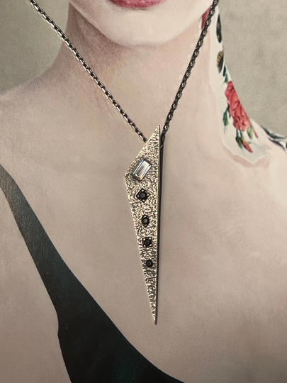 Extraterrestrial Piece Sterling Silver Necklace. Celestial Necklace With Black Cz Stones, Sharp Necklace, Sliver Pendant