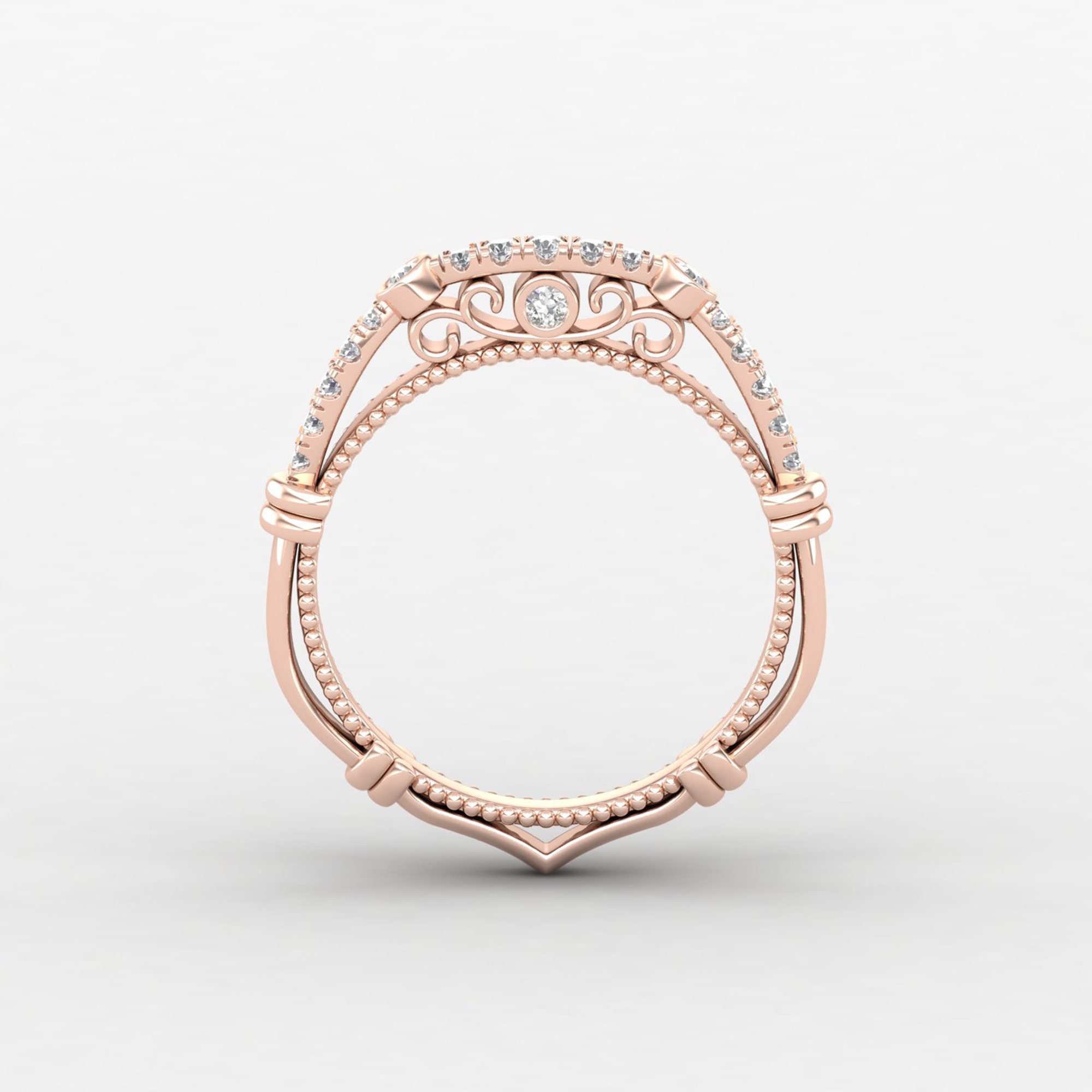 Art Deco Diamond Engagement Ring, 14K Solid Gold Wedding Band, Unique Rose Promise Ring Set, Gift For Women