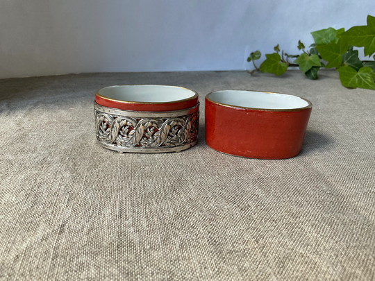 French Vintage Saltcellar in Silvered Metal & Handmade Porcelain