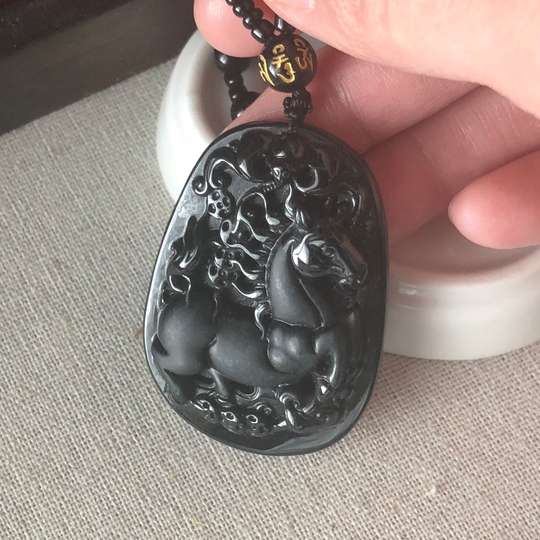 49.4mm Omphacite Black Jade Carved Horse Landscape Pendant With Bead Necklace