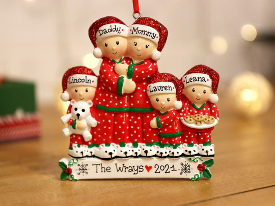 Pajama Family Of 5 Personalized Christmas Ornament, With 3 Kids Gift