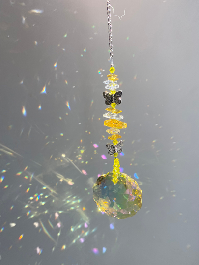 Set 2 Yellow Butterfly Suncatchers & Gift Box Metal Bead Crystal Teardrop Prism Rainbow Maker Window Decoration Home Girl Baby Gift