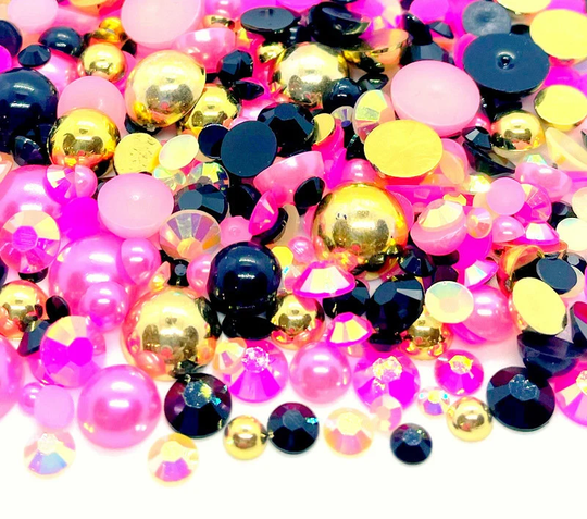 Party Blend Rhinestone Mix 2mm-10mm Flatback Jelly Resin | Faux Pearls Rhinestones Mixed Sizes, Gold Pink Black