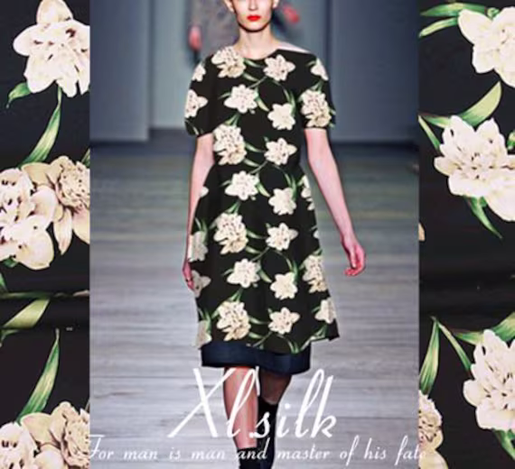 Floral Print Black Silk Cotton Satin Blend Fabric Width 44 Inch