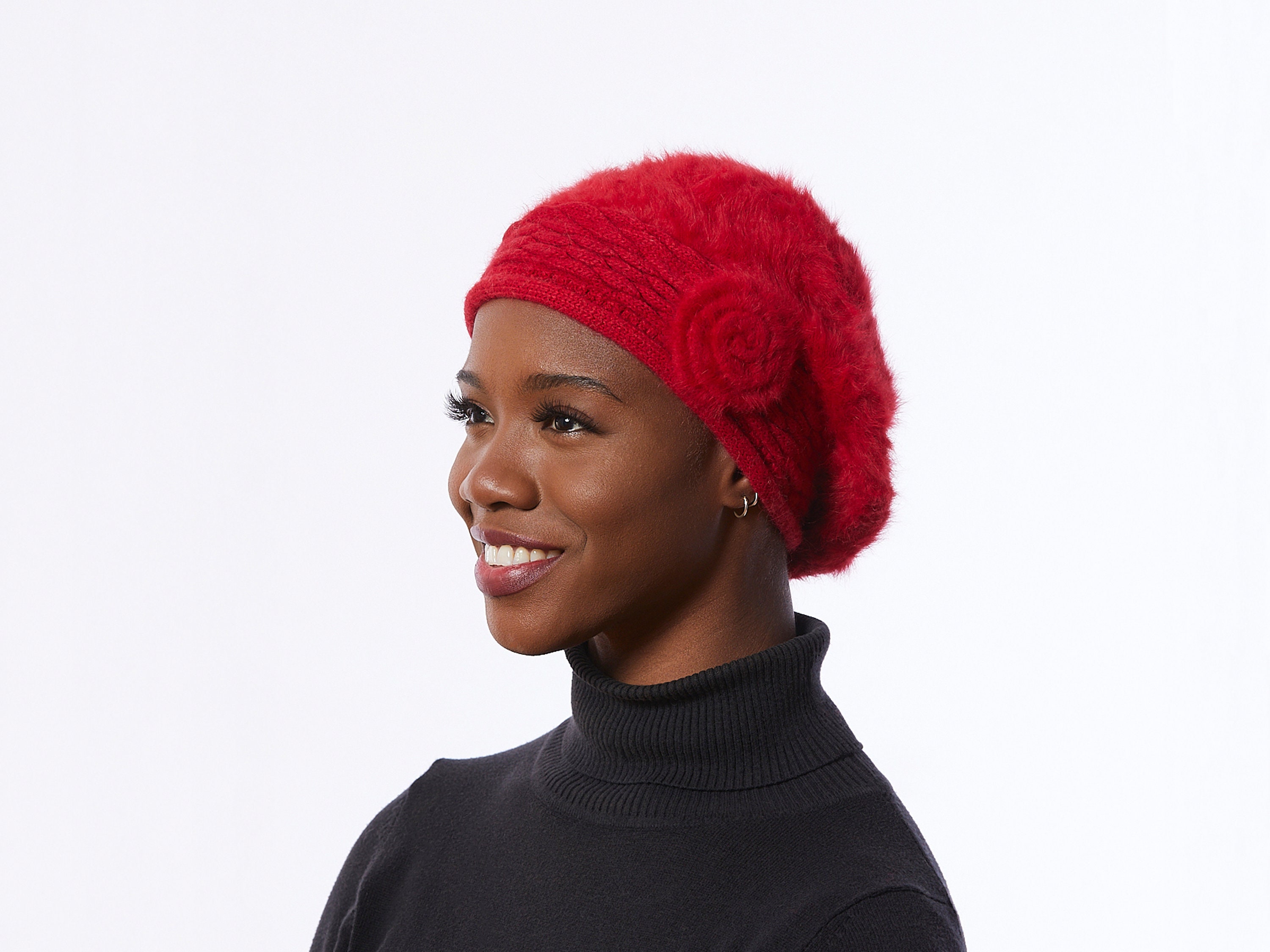 Red Knit Beret, Angora Wool Blend Beret, Winter Hat With Flower