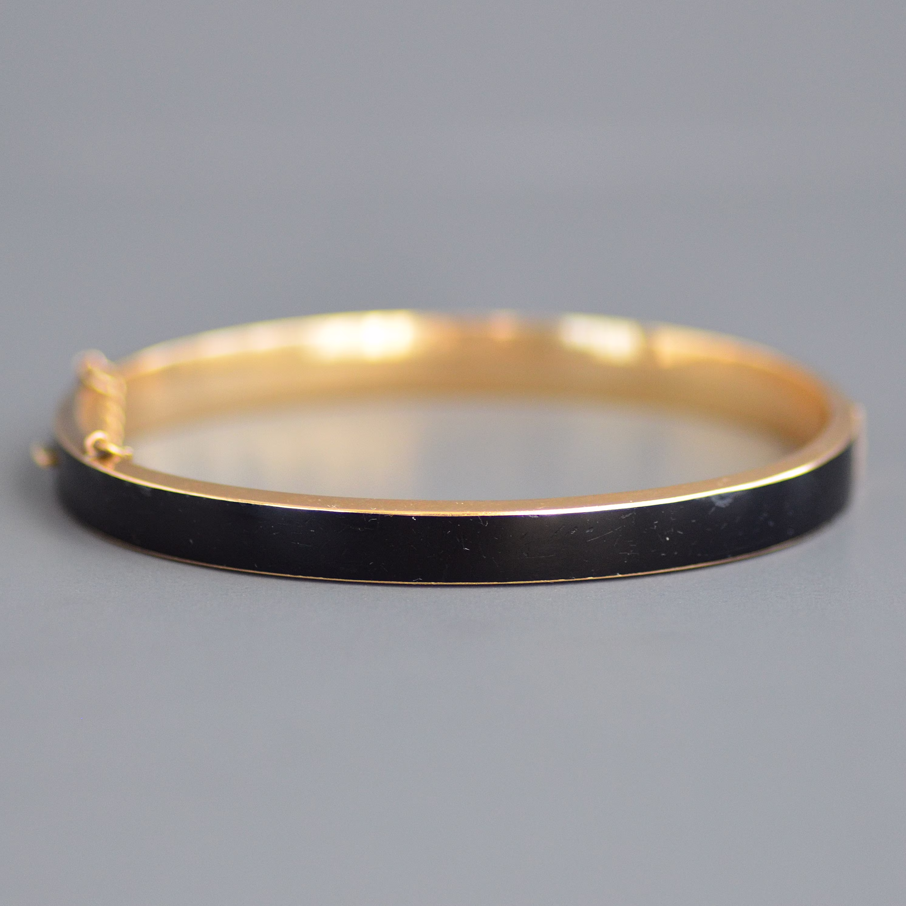 Antique Victorian Era Black Enamel Bangle Bracelet in 10K Gold