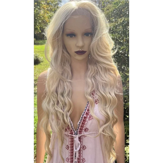 Long Wavy Blonde 613, Front Lace 13x6 Parting Human Hair Blend Daily Wig