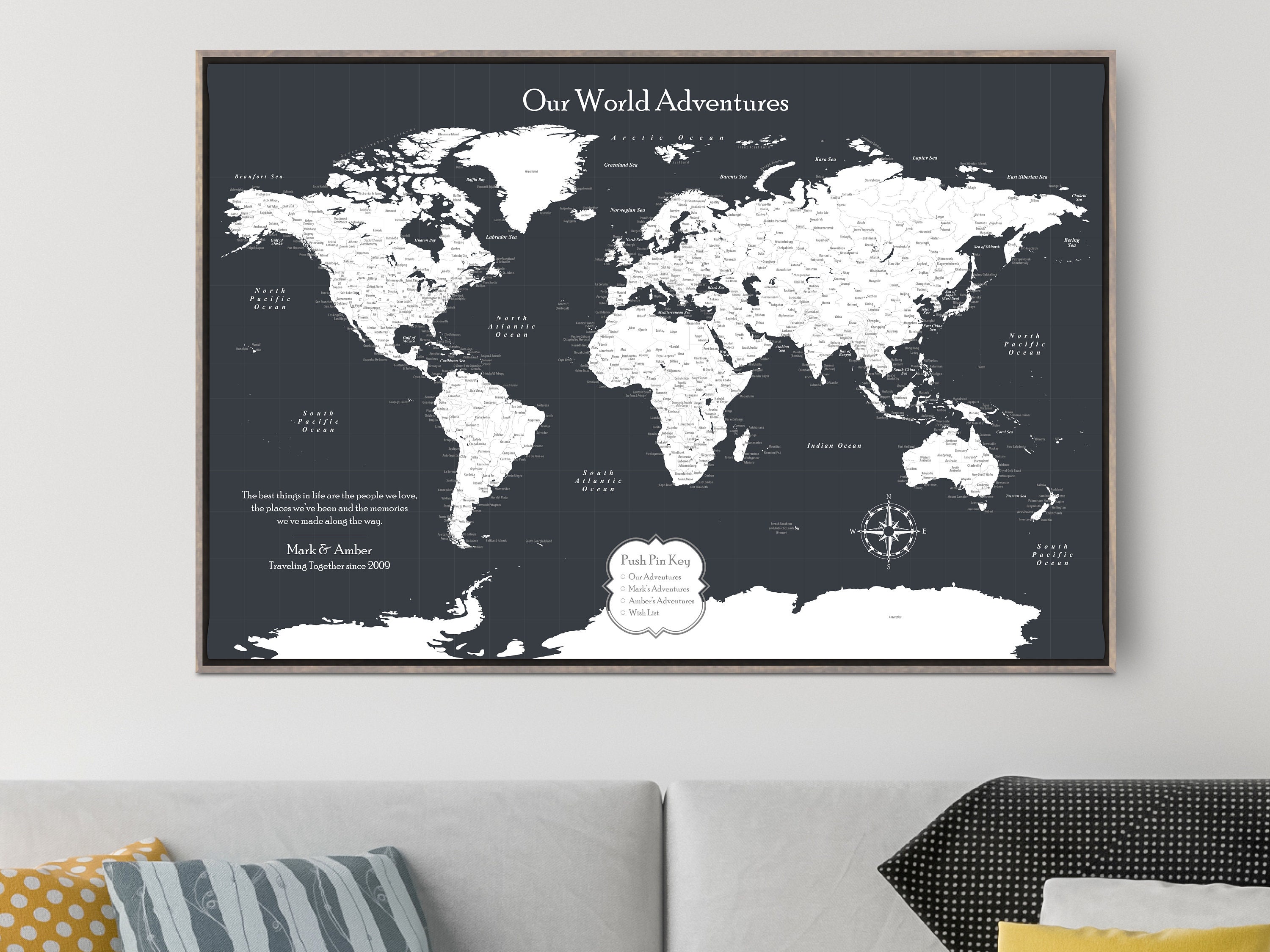 Personalized World Map, Custom Push Pin Map On Canvas, Travel Gift For Him & Her, Of The Framed, Adventure Couple