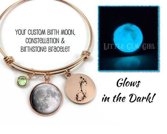 Glow in The Dark Stainless Steel Rose Gold Custom Birth Moon Bangle Bracelet With Birthstone & Zodiac Sign - Personalized Phase