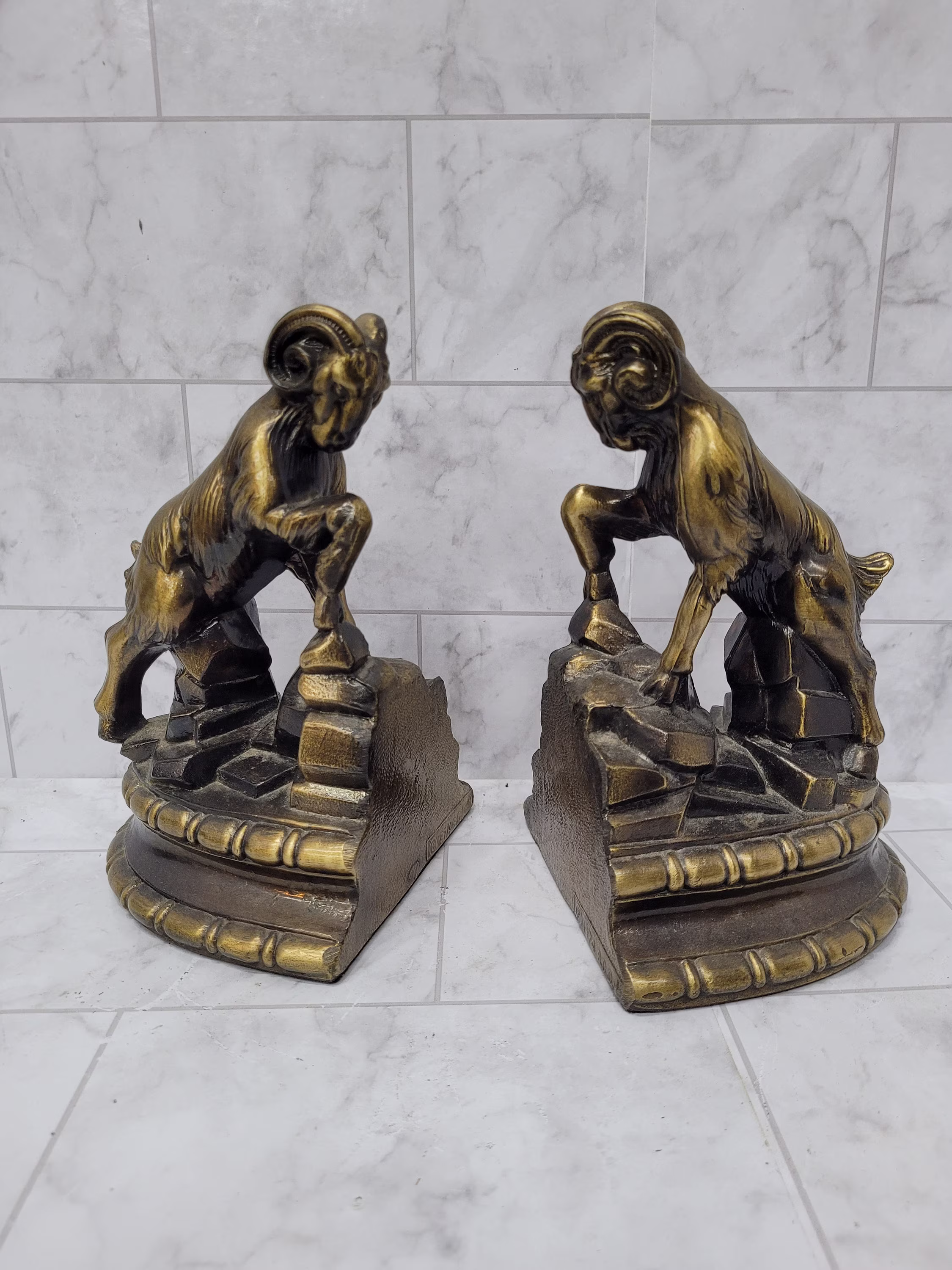 Vintage Brass Big Horn Ram Bookends Book Holders Bookshelf Decor