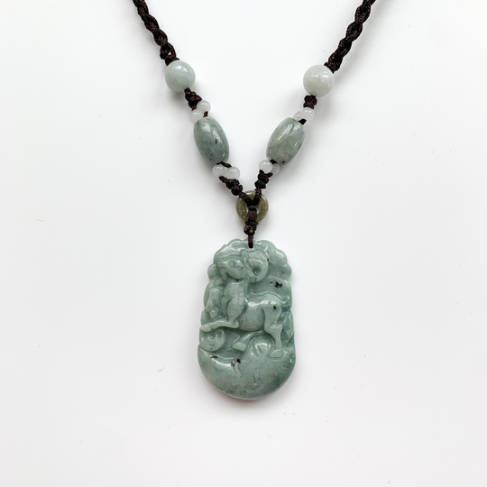 Jadeite Jade Sheep Goat Ram Chinese Zodiac Carved Rustic Pendant Necklace, Yw-0110-1646271236