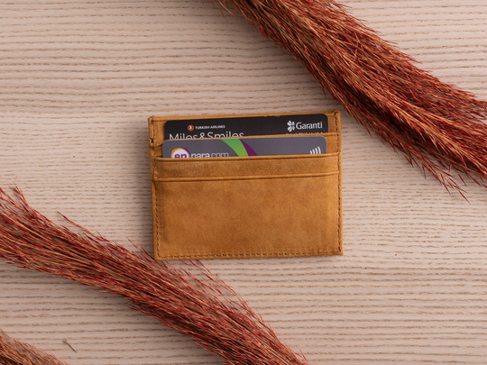 Suede Card Wallet, Handmade Minimalist Mens Slim Camel