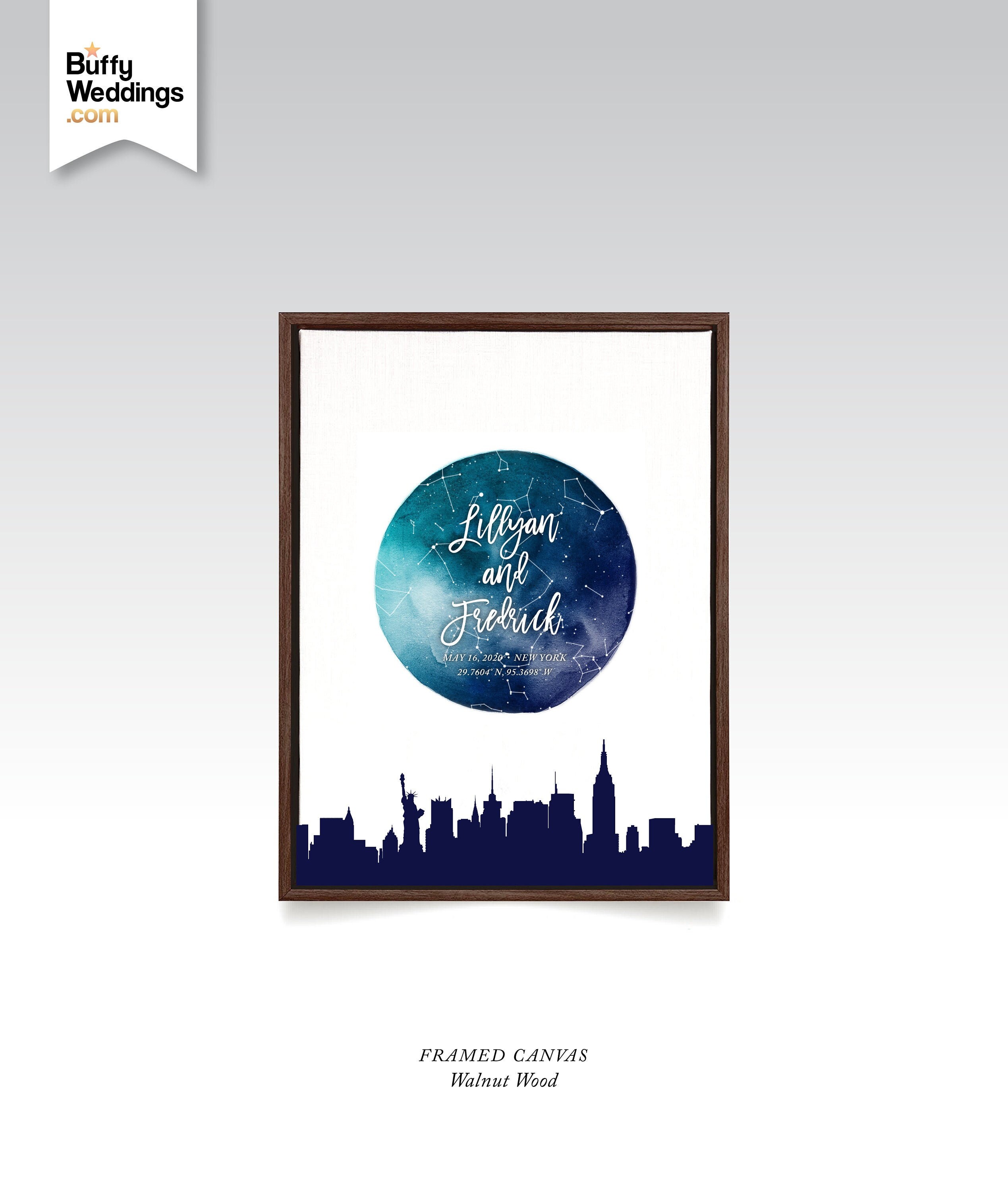 Constellation Chart New York City Skyline Watercolor Blue Moon Night Sky . Wedding 1 Year Anniversary Birthday Canvas Art Print & Frame