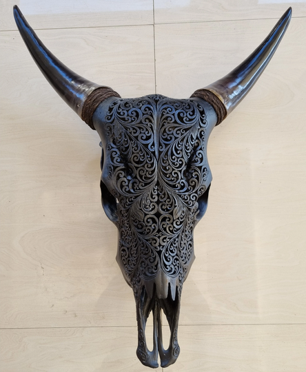 Carved Cow Skull Hart Black Doff
