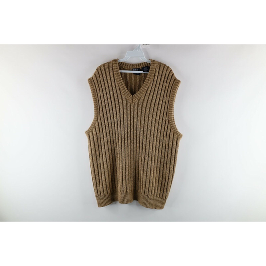 90S Streetwear Mens Xl Wool Blend Knit Striped V-Neck Sweater Vest Tan, Blend Vest