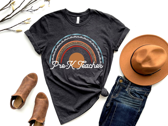 Pre-K Teacher Shirt, Boho Rainbow Pre K Shirts, Cute Teaching Tee, Retro Gift, Tshirt