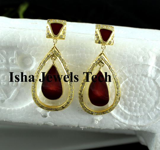 Enamel Jewelry Earrings Diamond Rose Cut Gold 925 Sterling Silver Victorian