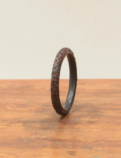 Chinese Cinnabarblack Red Floral Design Bangle Bracelet