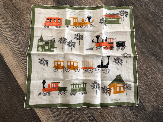 Vintage Signed Pat Prichard Linen Handkerchief Trains 14 X 14.5" Hankie