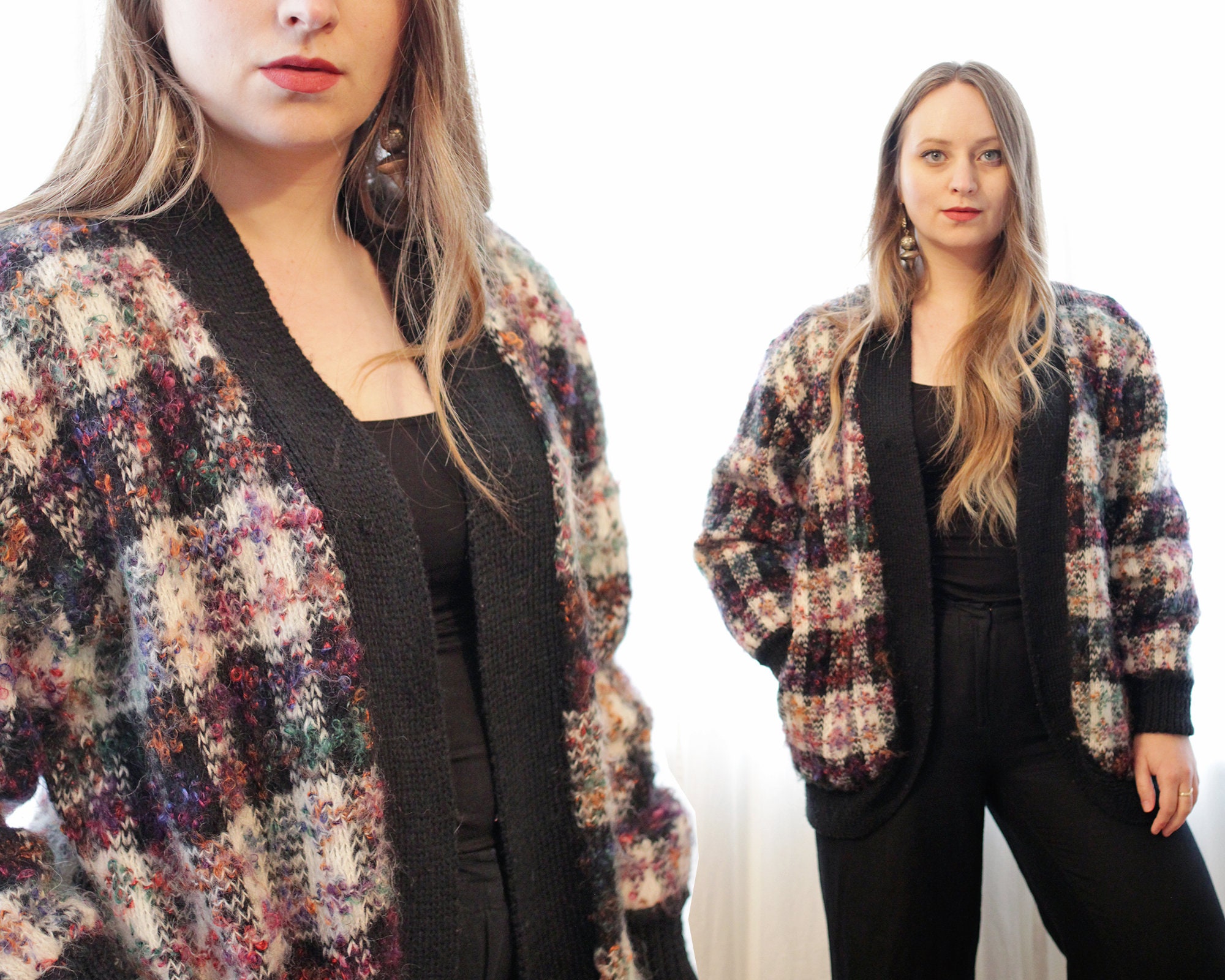 Vintage Chunky Knit Wool Blend Lilly Of California Textured Black White Rainbow Plaid Cardigan Jacket Sweater With Pockets