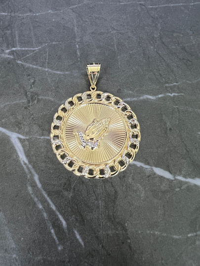 10K Yellow Gold .925 Sterling Silver Two Tone Curb Link Border Praying Hands Textured Medallion Charm/Pendant Christian Lord's Prayer