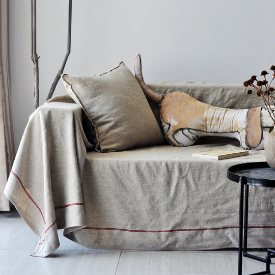 Natural Linen Sofa Slipcover With Red Line Decor | Washed Sofa Covers For Living Room No-Slip Sectional Couch Cover Throw