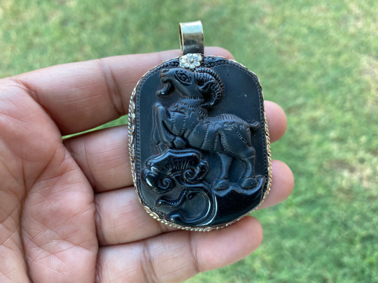 Large Obsidian Aries Zodiac Tibetan Silver Pendant, Unisex Jewelry, Carved Stone Necklace Astrology Gift For Mom
