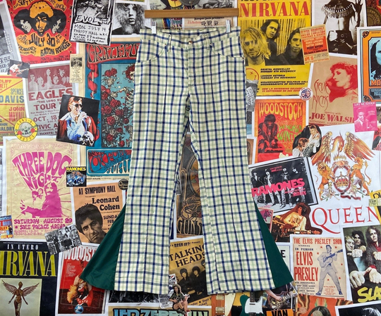 Vintage 1970S Off White Blue + Green Plaid Mid Rise 31x28 Custom Bell Bottom Flares | 70S Bottoms